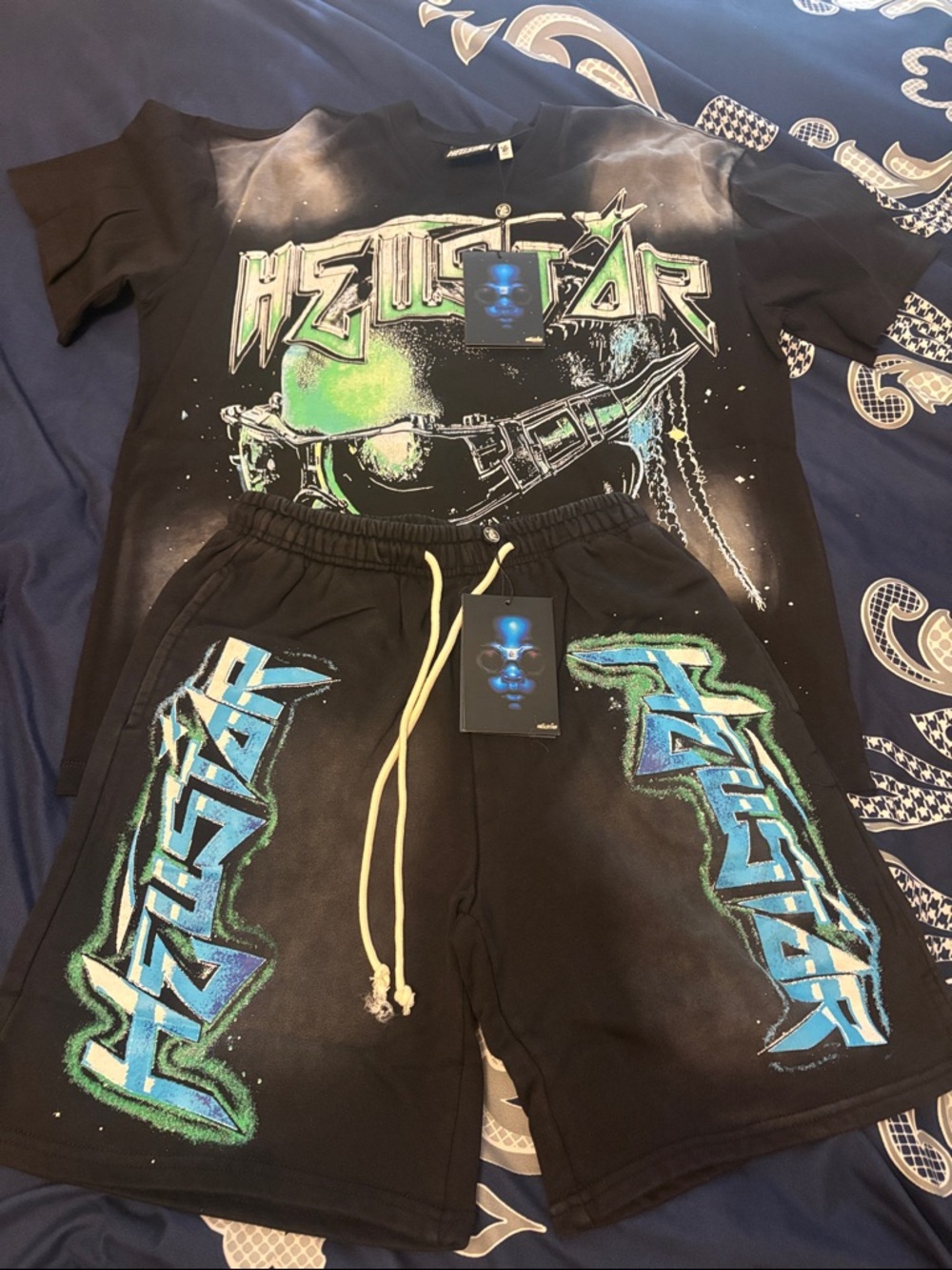 Black Graphic Short Sleeve Tee & Shorts Set with Neon Green Accents